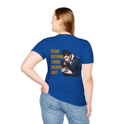 T-Shirt — 'Stop Crying Your Heart Out' Graphic Tee (Retro Photo, Emotional Lyrics)
